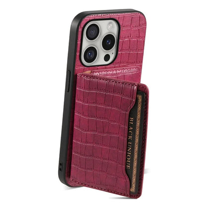 For iPhone 16 Pro Case Card Holder Kickstand Crocodile Texture Leather Back Phone Cover