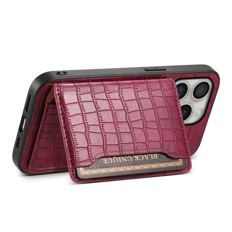 For iPhone 16 Pro Case Card Holder Kickstand Crocodile Texture Leather Back Phone Cover