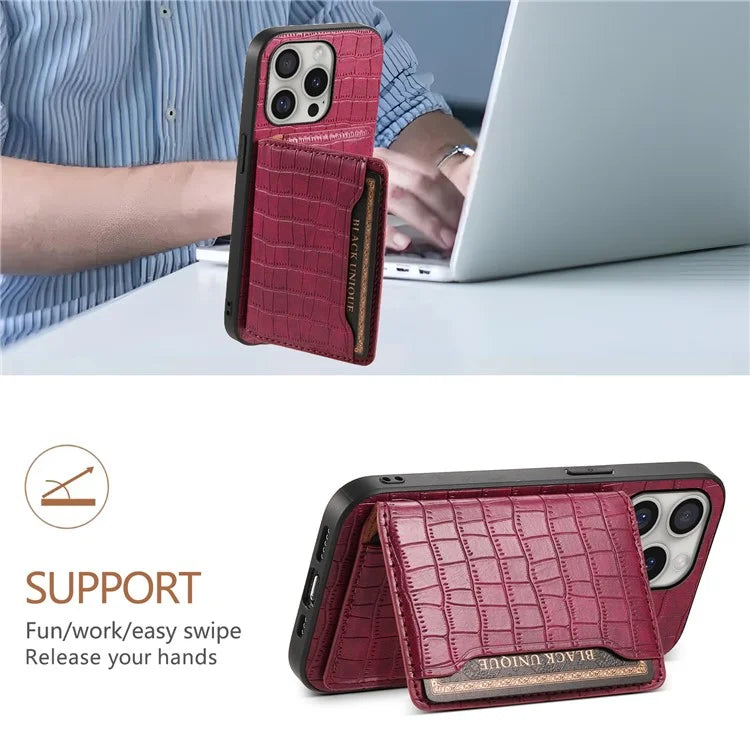 For iPhone 16 Pro Case Card Holder Kickstand Crocodile Texture Leather Back Phone Cover