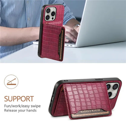 For iPhone 16 Pro Case Card Holder Kickstand Crocodile Texture Leather Back Phone Cover
