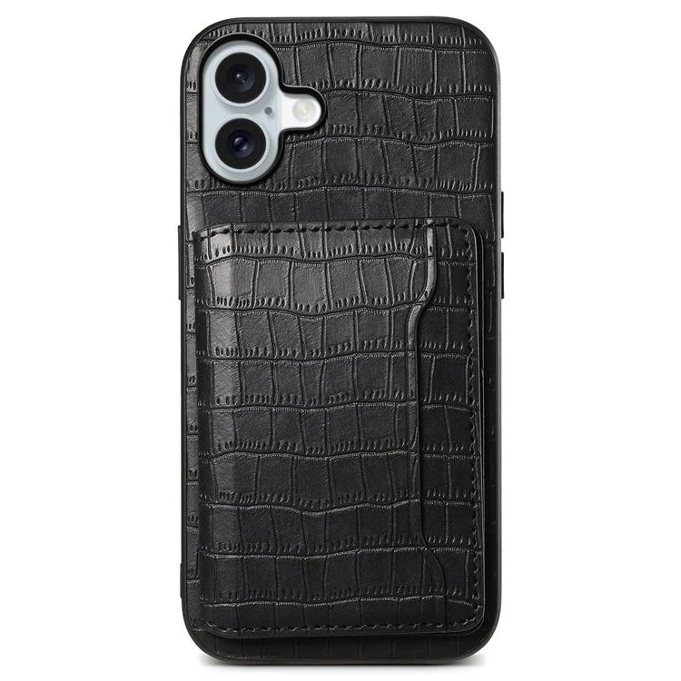 For iPhone 16 Plus Case Card Holder Kickstand Crocodile Texture Leather Back Phone Cover