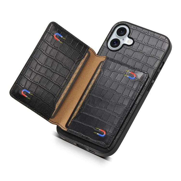 For iPhone 16 Plus Case Card Holder Kickstand Crocodile Texture Leather Back Phone Cover