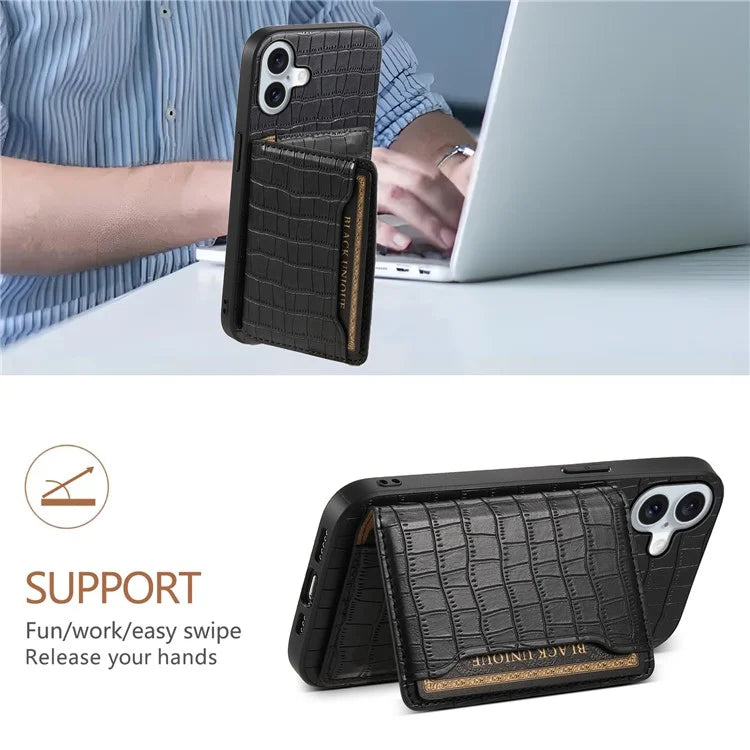 For iPhone 16 Plus Case Card Holder Kickstand Crocodile Texture Leather Back Phone Cover