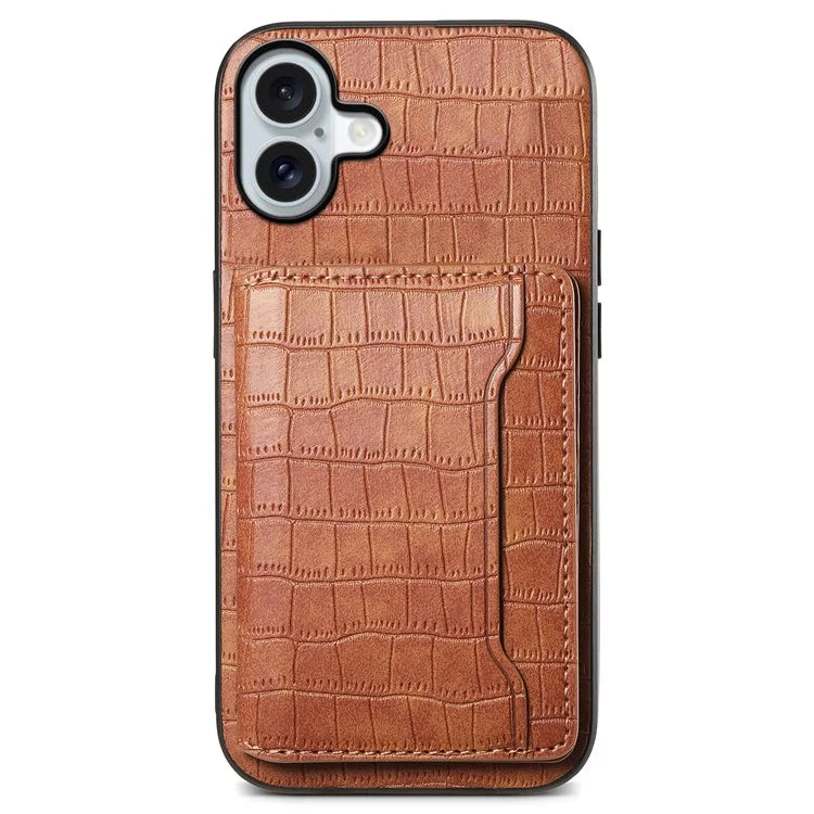 For iPhone 16 Plus Case Card Holder Kickstand Crocodile Texture Leather Back Phone Cover