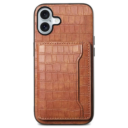 For iPhone 16 Plus Case Card Holder Kickstand Crocodile Texture Leather Back Phone Cover