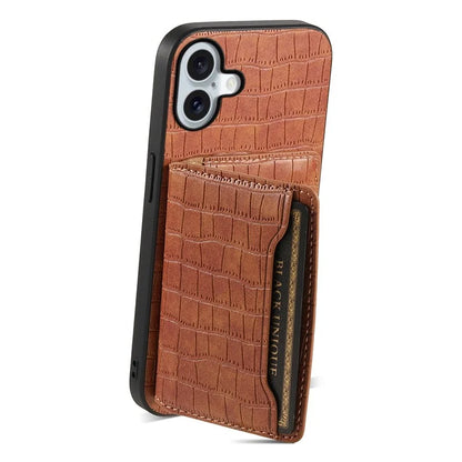 For iPhone 16 Plus Case Card Holder Kickstand Crocodile Texture Leather Back Phone Cover