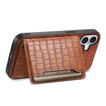 For iPhone 16 Plus Case Card Holder Kickstand Crocodile Texture Leather Back Phone Cover