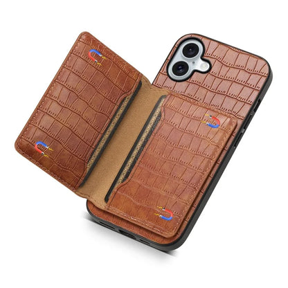 For iPhone 16 Plus Case Card Holder Kickstand Crocodile Texture Leather Back Phone Cover