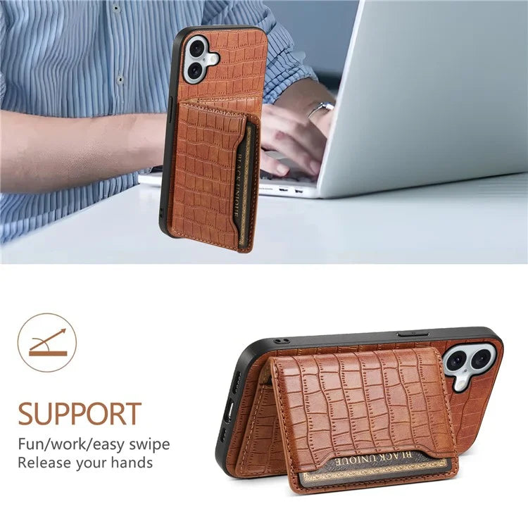 For iPhone 16 Plus Case Card Holder Kickstand Crocodile Texture Leather Back Phone Cover