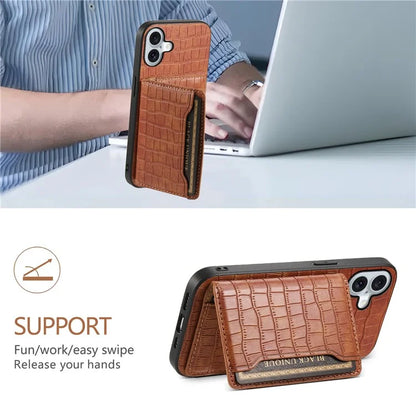 For iPhone 16 Plus Case Card Holder Kickstand Crocodile Texture Leather Back Phone Cover