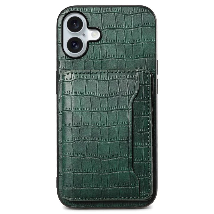 For iPhone 16 Plus Case Card Holder Kickstand Crocodile Texture Leather Back Phone Cover
