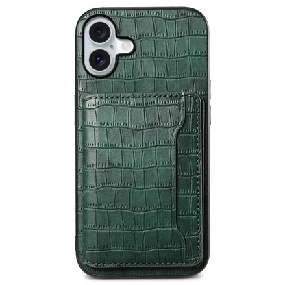 For iPhone 16 Plus Case Card Holder Kickstand Crocodile Texture Leather Back Phone Cover