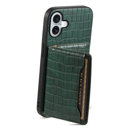For iPhone 16 Plus Case Card Holder Kickstand Crocodile Texture Leather Back Phone Cover