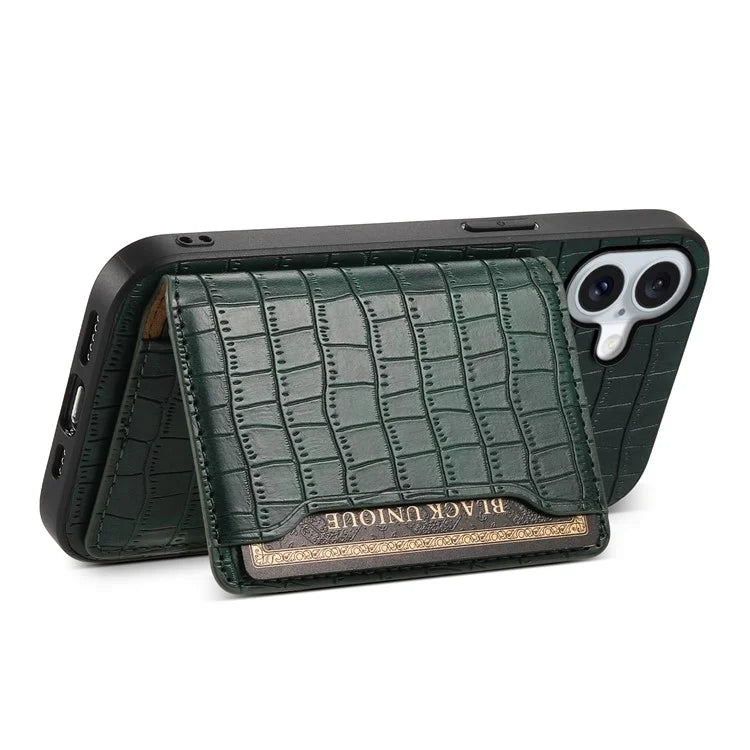 For iPhone 16 Plus Case Card Holder Kickstand Crocodile Texture Leather Back Phone Cover
