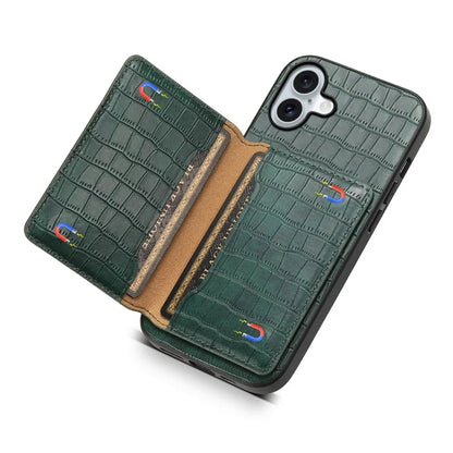 For iPhone 16 Plus Case Card Holder Kickstand Crocodile Texture Leather Back Phone Cover