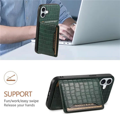 For iPhone 16 Plus Case Card Holder Kickstand Crocodile Texture Leather Back Phone Cover