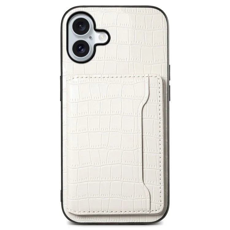For iPhone 16 Plus Case Card Holder Kickstand Crocodile Texture Leather Back Phone Cover