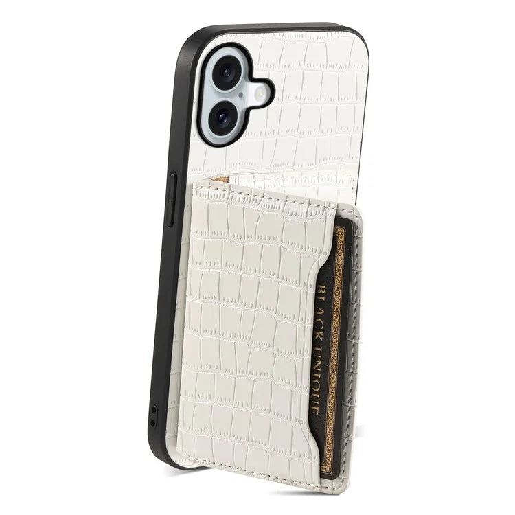 For iPhone 16 Plus Case Card Holder Kickstand Crocodile Texture Leather Back Phone Cover