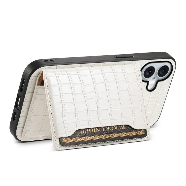 For iPhone 16 Plus Case Card Holder Kickstand Crocodile Texture Leather Back Phone Cover
