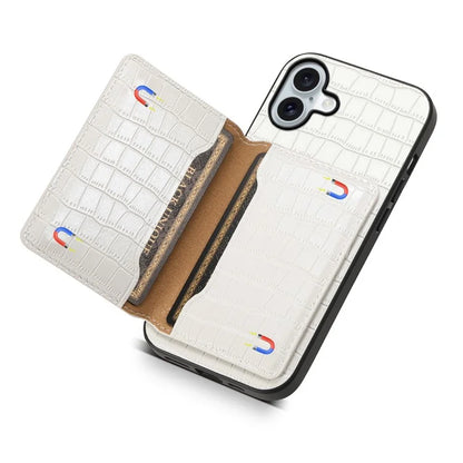 For iPhone 16 Plus Case Card Holder Kickstand Crocodile Texture Leather Back Phone Cover