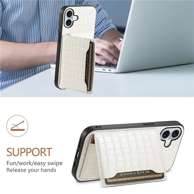 For iPhone 16 Plus Case Card Holder Kickstand Crocodile Texture Leather Back Phone Cover