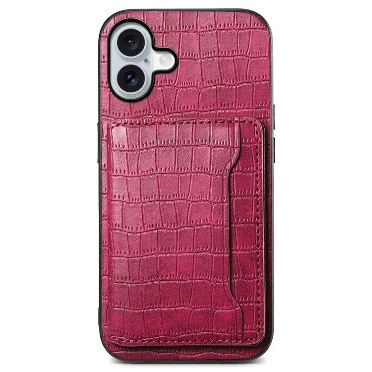 For iPhone 16 Plus Case Card Holder Kickstand Crocodile Texture Leather Back Phone Cover
