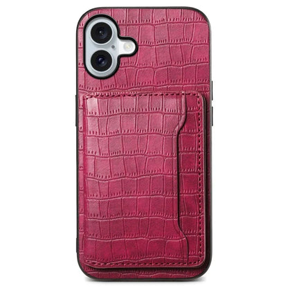 For iPhone 16 Plus Case Card Holder Kickstand Crocodile Texture Leather Back Phone Cover