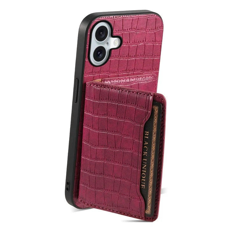 For iPhone 16 Plus Case Card Holder Kickstand Crocodile Texture Leather Back Phone Cover