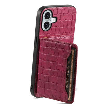 For iPhone 16 Plus Case Card Holder Kickstand Crocodile Texture Leather Back Phone Cover