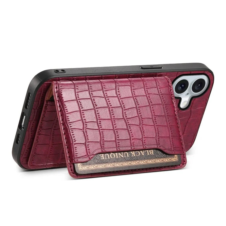 For iPhone 16 Plus Case Card Holder Kickstand Crocodile Texture Leather Back Phone Cover