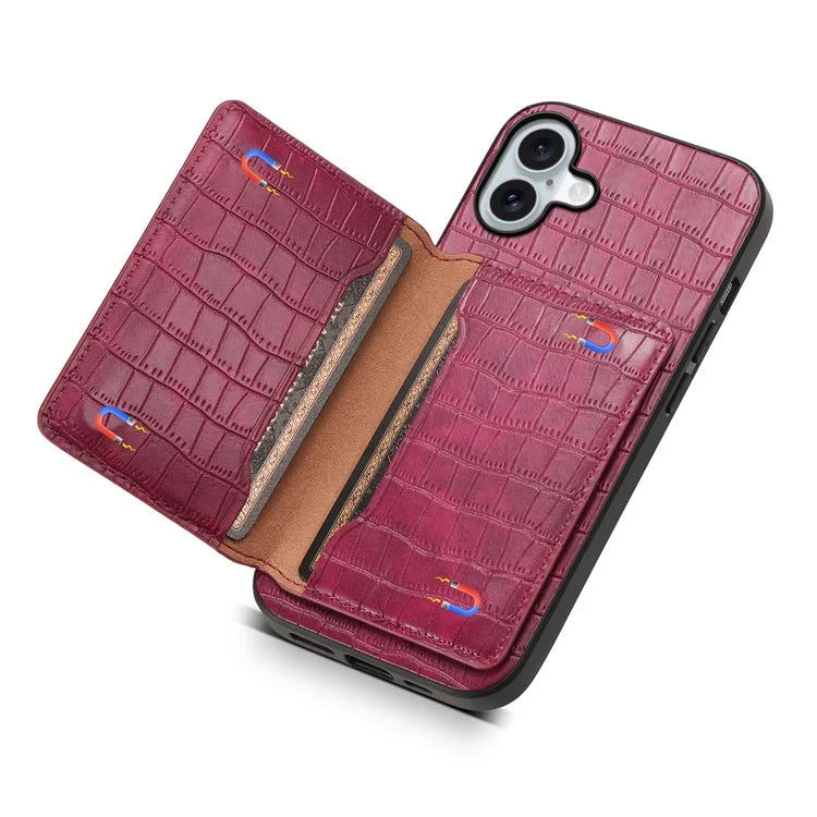 For iPhone 16 Plus Case Card Holder Kickstand Crocodile Texture Leather Back Phone Cover