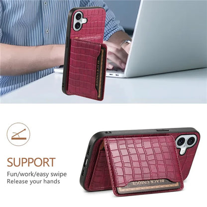 For iPhone 16 Plus Case Card Holder Kickstand Crocodile Texture Leather Back Phone Cover