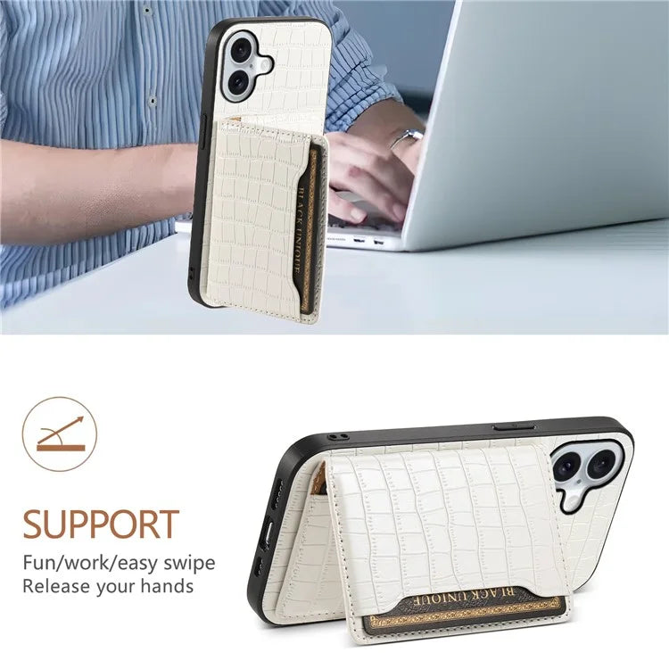For iPhone 16 Case Card Holder Kickstand Crocodile Texture Leather Back Phone Cover