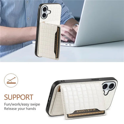For iPhone 16 Case Card Holder Kickstand Crocodile Texture Leather Back Phone Cover