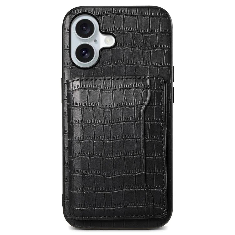 For iPhone 16 Case Card Holder Kickstand Crocodile Texture Leather Back Phone Cover