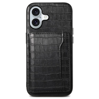 For iPhone 16 Case Card Holder Kickstand Crocodile Texture Leather Back Phone Cover