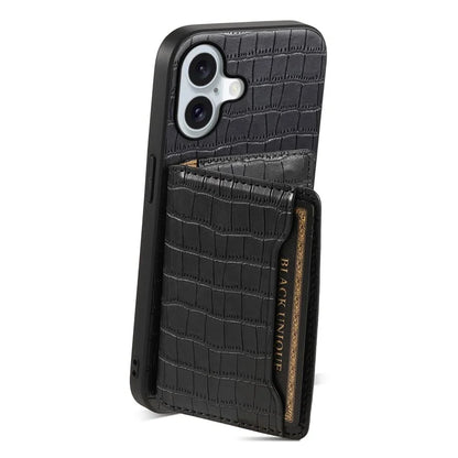 For iPhone 16 Case Card Holder Kickstand Crocodile Texture Leather Back Phone Cover