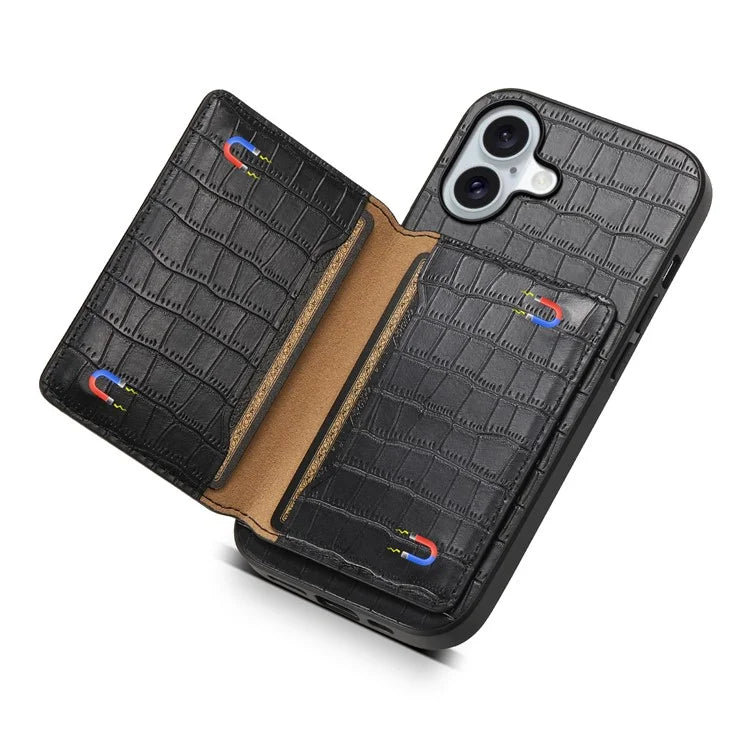 For iPhone 16 Case Card Holder Kickstand Crocodile Texture Leather Back Phone Cover