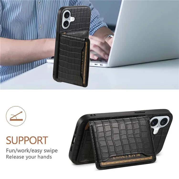 For iPhone 16 Case Card Holder Kickstand Crocodile Texture Leather Back Phone Cover