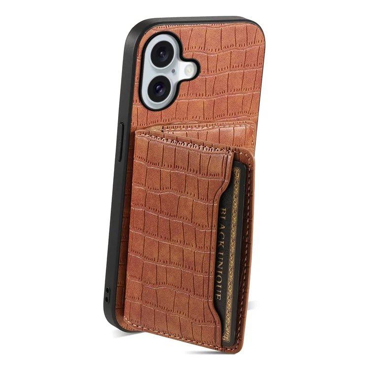 For iPhone 16 Case Card Holder Kickstand Crocodile Texture Leather Back Phone Cover
