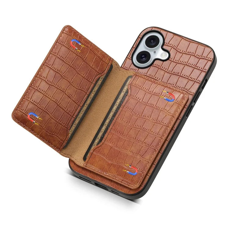 For iPhone 16 Case Card Holder Kickstand Crocodile Texture Leather Back Phone Cover