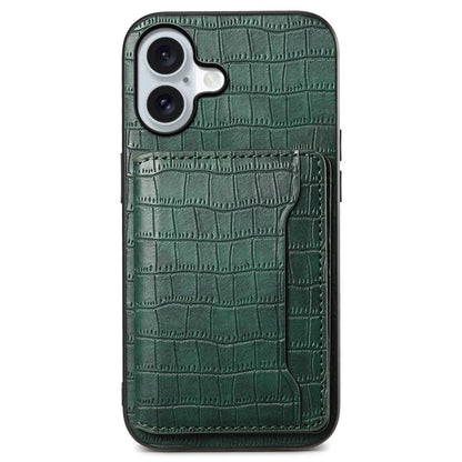 For iPhone 16 Case Card Holder Kickstand Crocodile Texture Leather Back Phone Cover