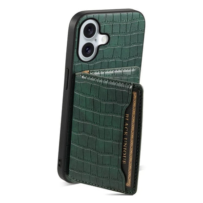 For iPhone 16 Case Card Holder Kickstand Crocodile Texture Leather Back Phone Cover