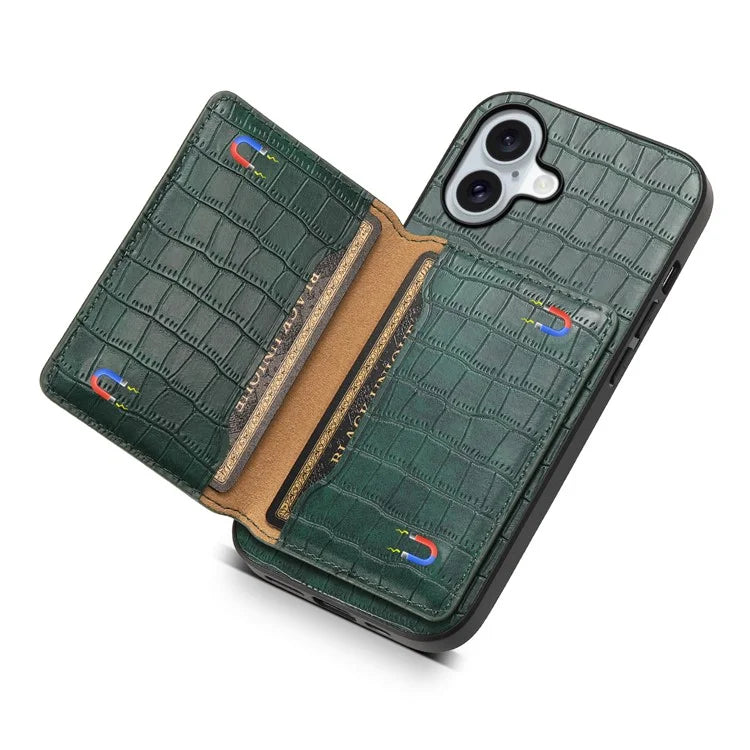 For iPhone 16 Case Card Holder Kickstand Crocodile Texture Leather Back Phone Cover