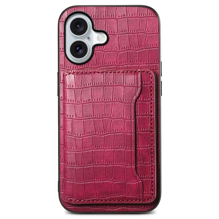 For iPhone 16 Case Card Holder Kickstand Crocodile Texture Leather Back Phone Cover