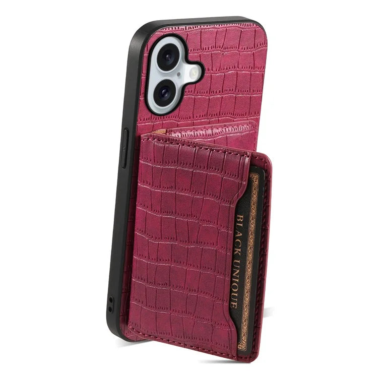 For iPhone 16 Case Card Holder Kickstand Crocodile Texture Leather Back Phone Cover