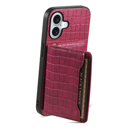 For iPhone 16 Case Card Holder Kickstand Crocodile Texture Leather Back Phone Cover