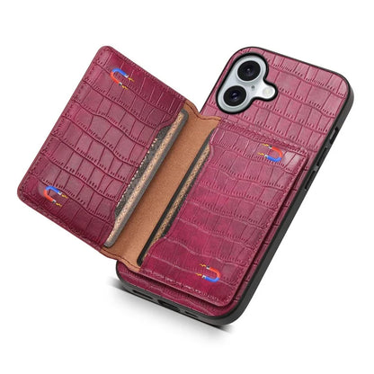 For iPhone 16 Case Card Holder Kickstand Crocodile Texture Leather Back Phone Cover