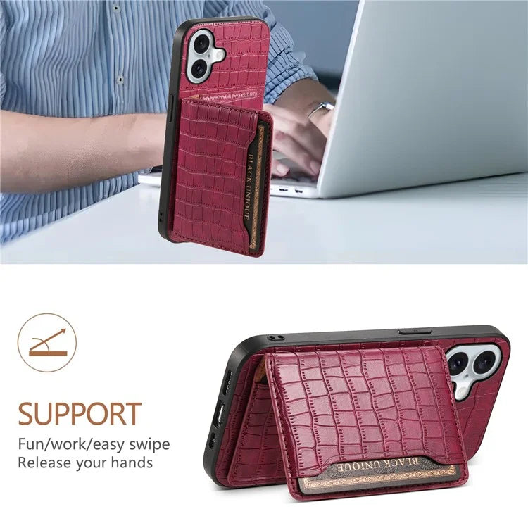For iPhone 16 Case Card Holder Kickstand Crocodile Texture Leather Back Phone Cover