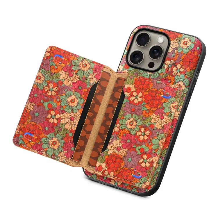 For iPhone 16 Pro Max Case Flower Print Leather+PC+TPU Cover with Card Holder Kickstand